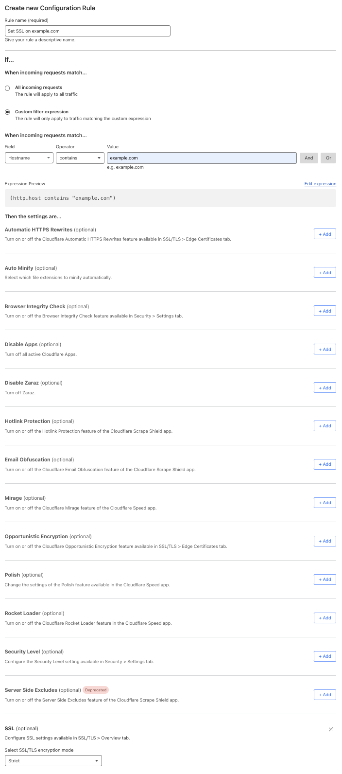 Configuration rule matching the “SSL” setting of the example Page Rule